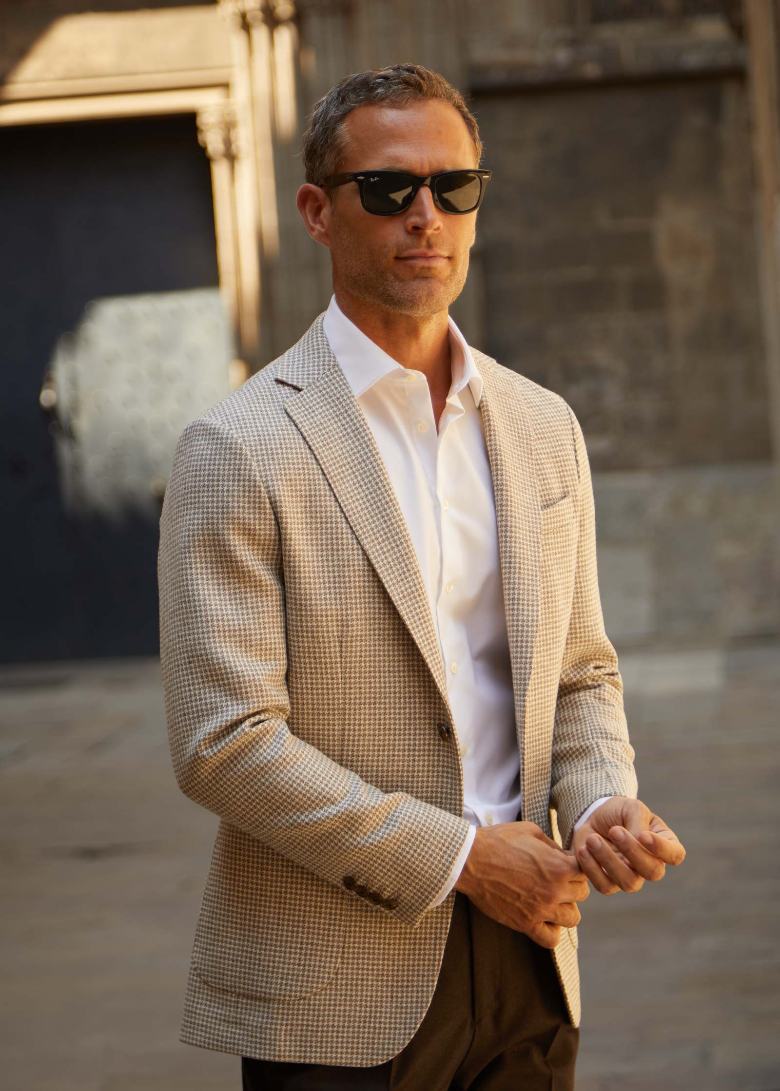 Appearance-An-Ivy-Cashmere-Cotton-Jacket-Blazer-Jakke-Sand-Brun-Brown-Houndstooth-Beige-Wool-Uld-Kashmir