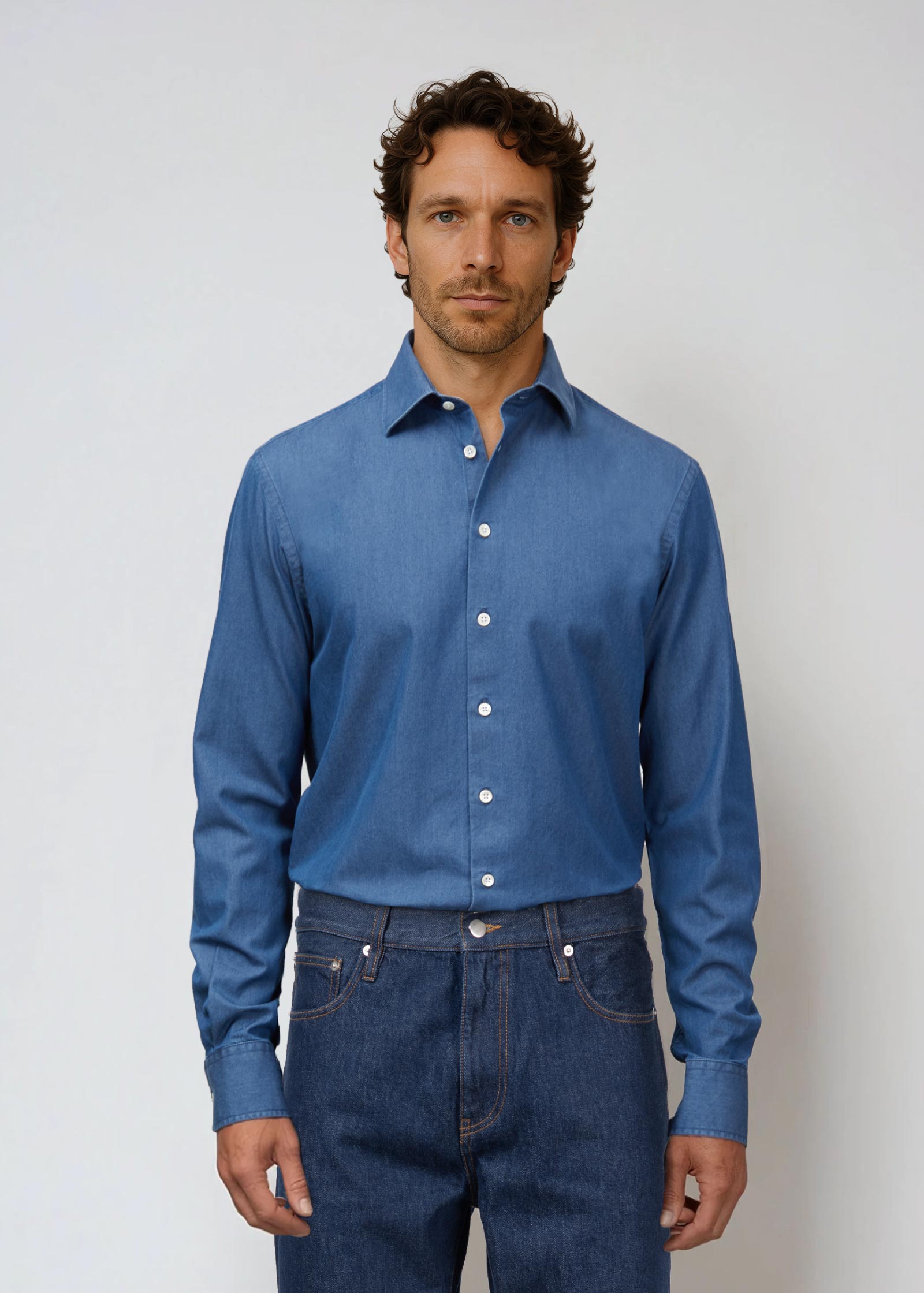 Appearance-An-Ivy-Denim-Skjorte-Shirt-Herre-Maend-Toej-Herretoej-Cutaway-Bomuld-Business-Blaa-Blue-jeans