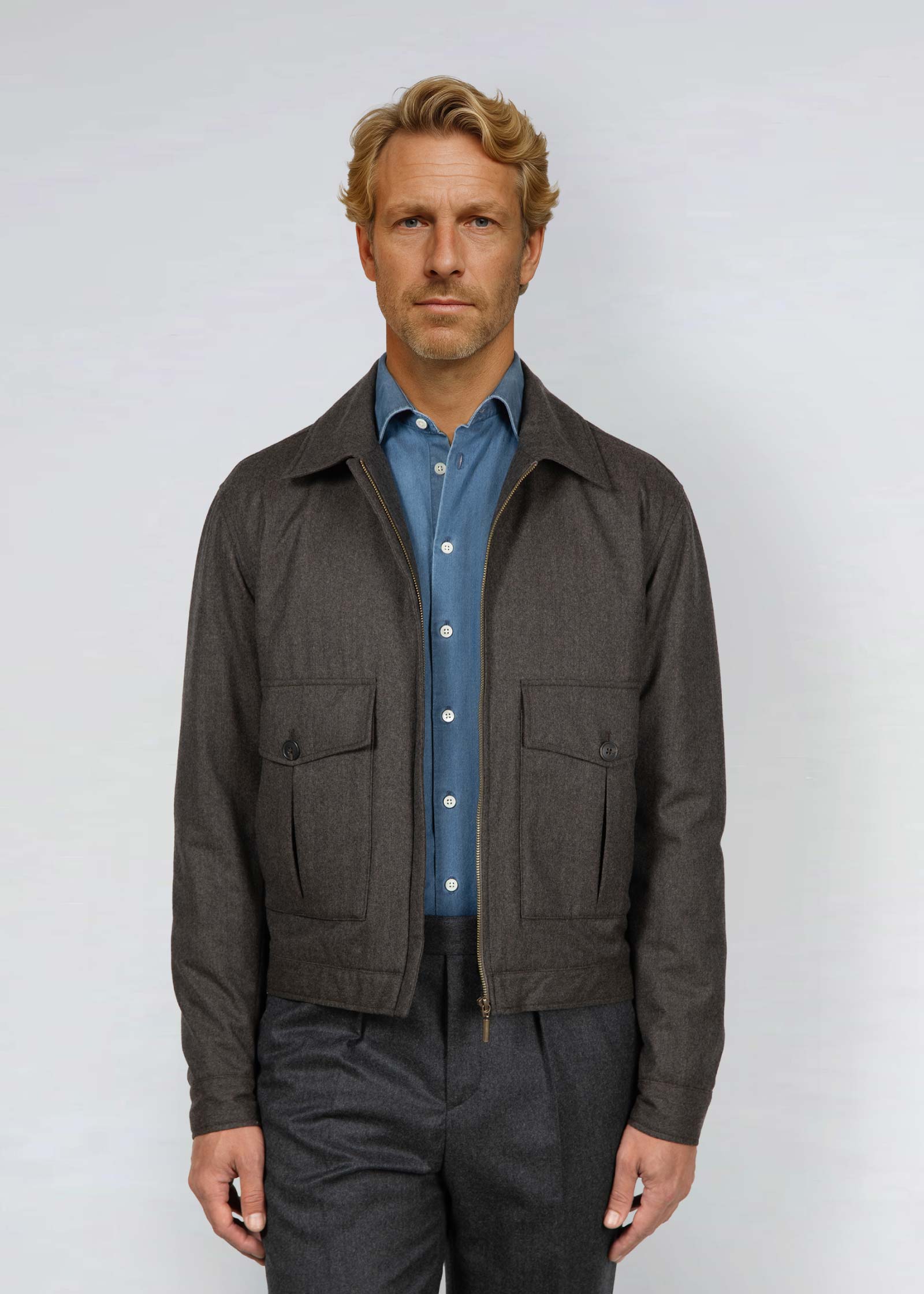 Flannel Blouson Jacket, Dark Brown