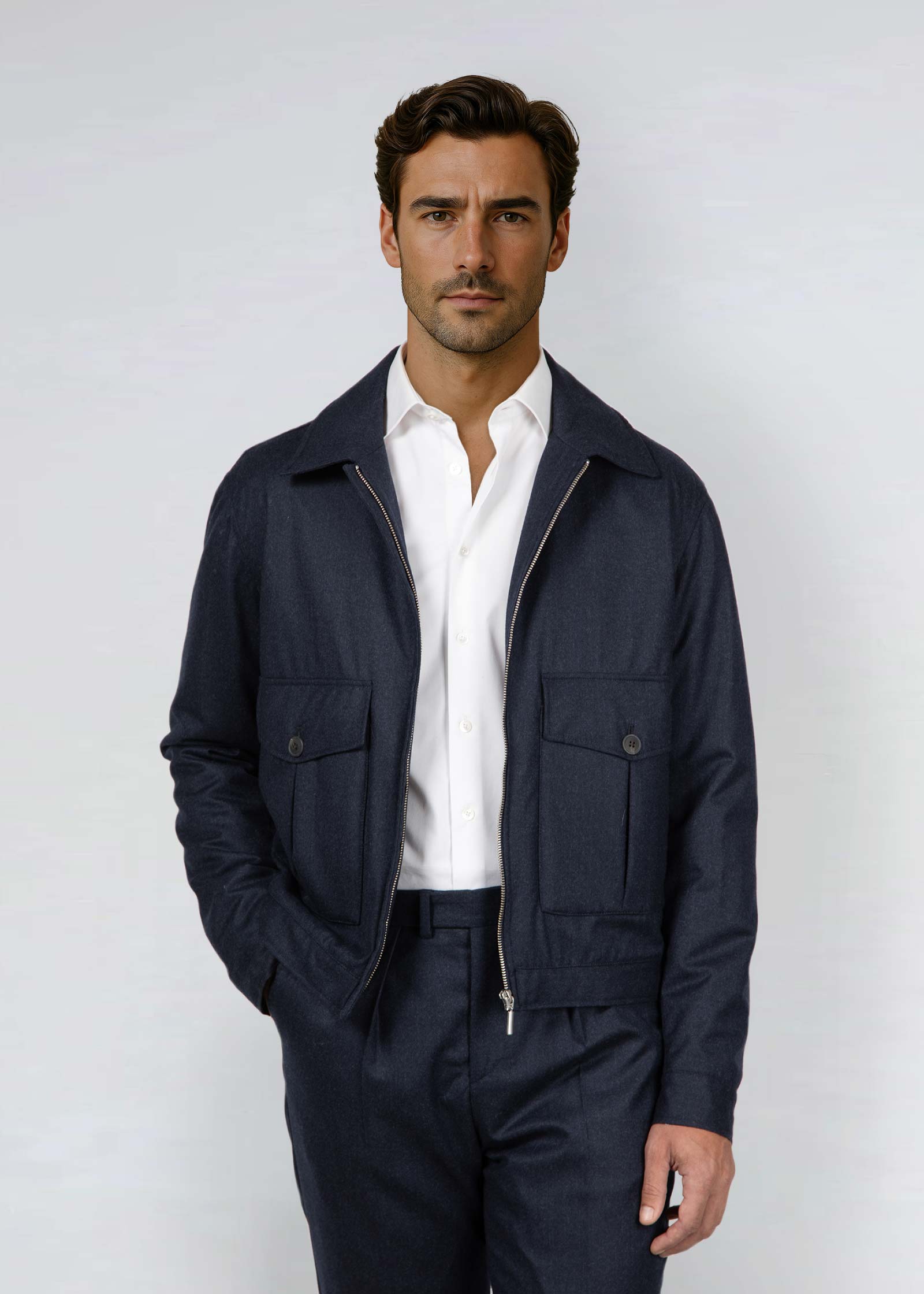 Appearance-An-Ivy-Flannel-Blouson-Jacket-Jakke-Navy-Moerkeblaa-Vindtaet-Regntaet-Waterproof-Padded-Uld-Wool-Men-Maend-Herre