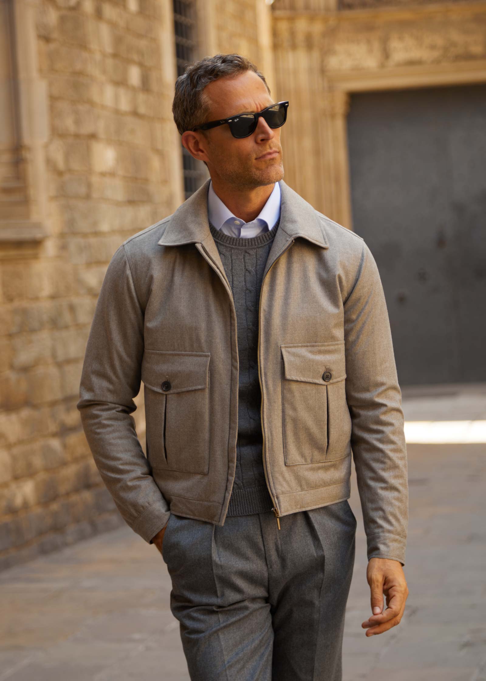 Appearance-An-Ivy-Flannel-Blouson-Jacket-Jakke-Sand-Beige-Vindtaet-Regntaet-Waterproof-Padded-Uld-Wool-Men-Maend-Herre