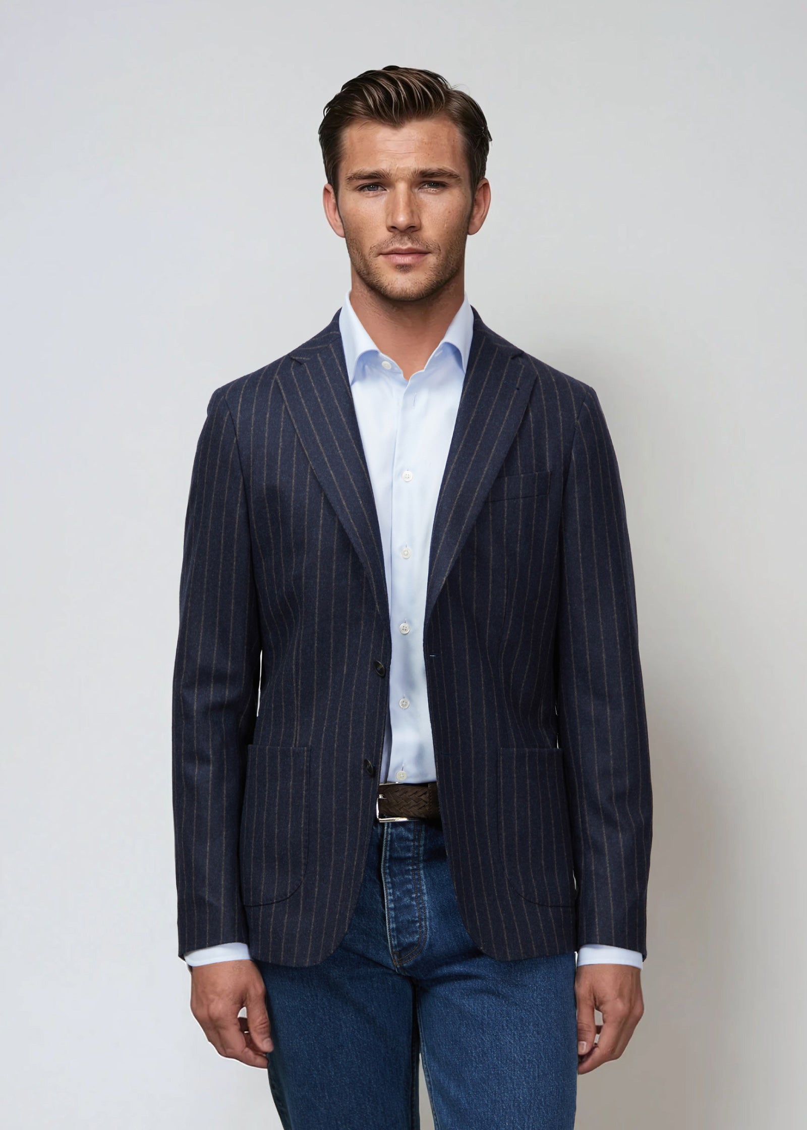 Flannel Blazer, Unstructured, Navy Brown Striped