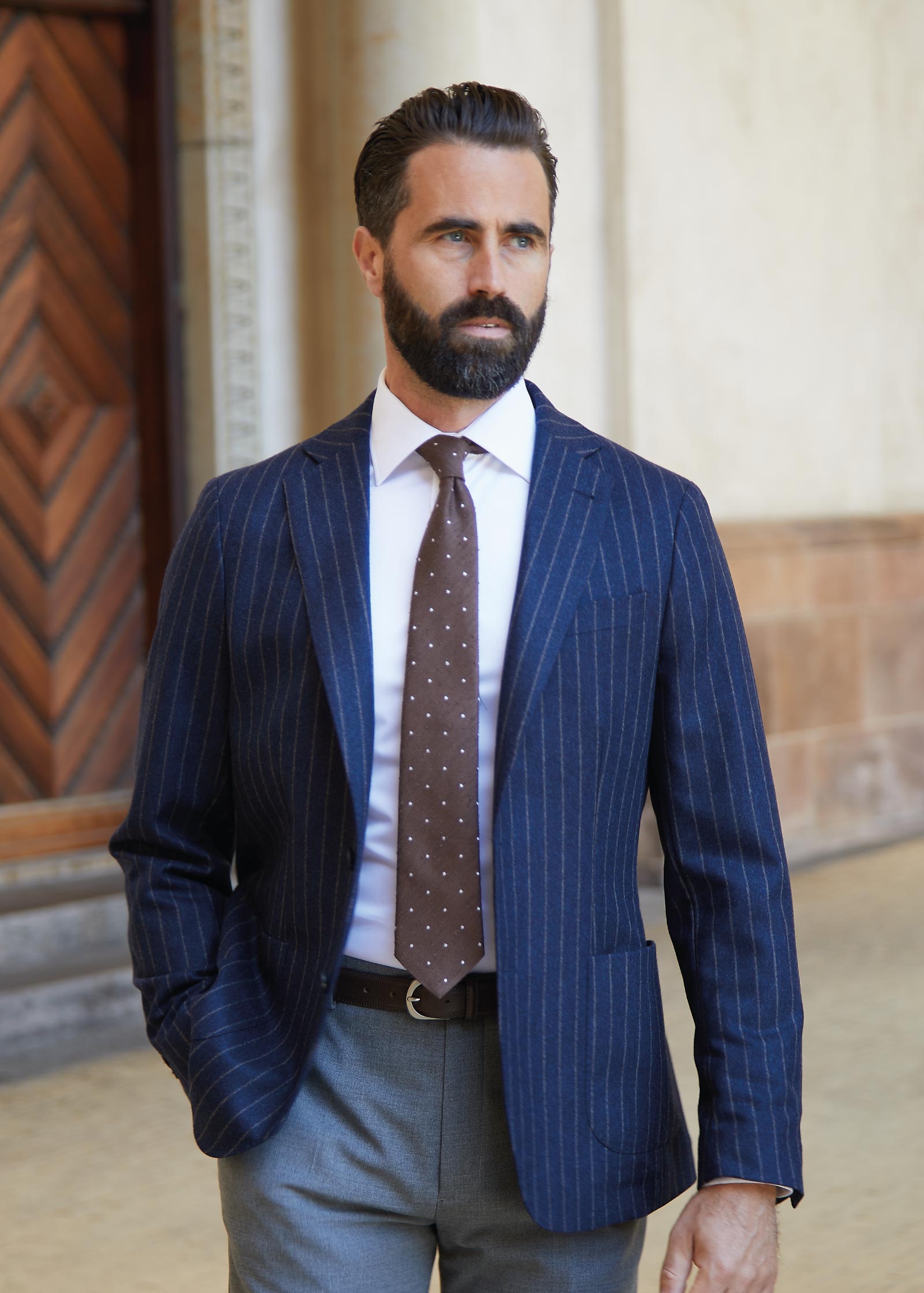 Appearance-An-Ivy-Flannel-Wool-Striped-Blazer-Jacket-Jakke-Unstructured-Navy-Moerke-Blaa-Stribet-Striped-Brun-Brown-Herre-Maend-Men