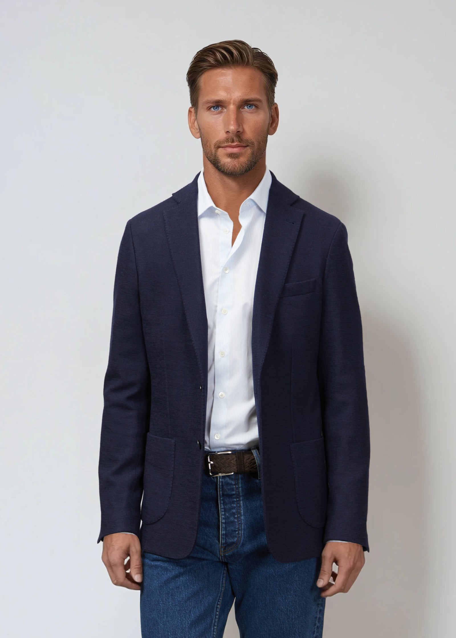 Knitted Wool Cotton Blazer, Unstructured, Navy