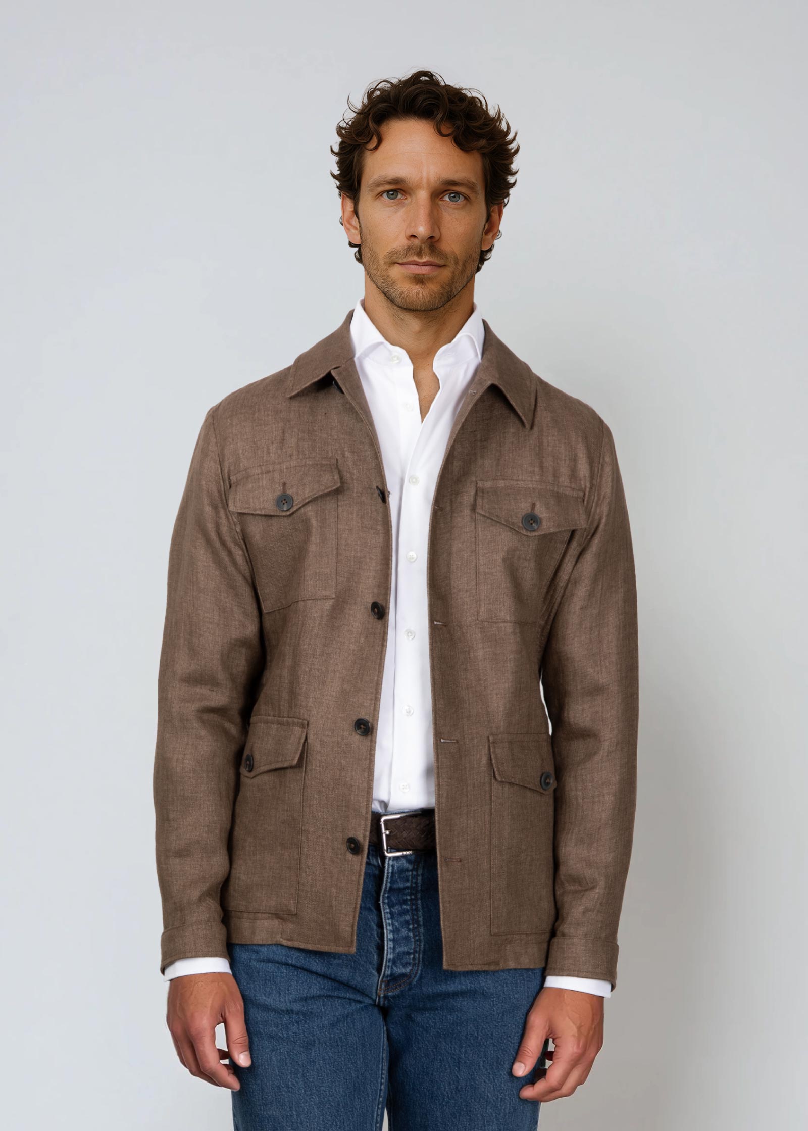 Appearance-An-Ivy-Linen-Safari-Jacket-Jakke-Shirt-Skjortejakke-Overshirt-Brown-Brun-Lommer-Knapper-Herre-Maend-Men-Field