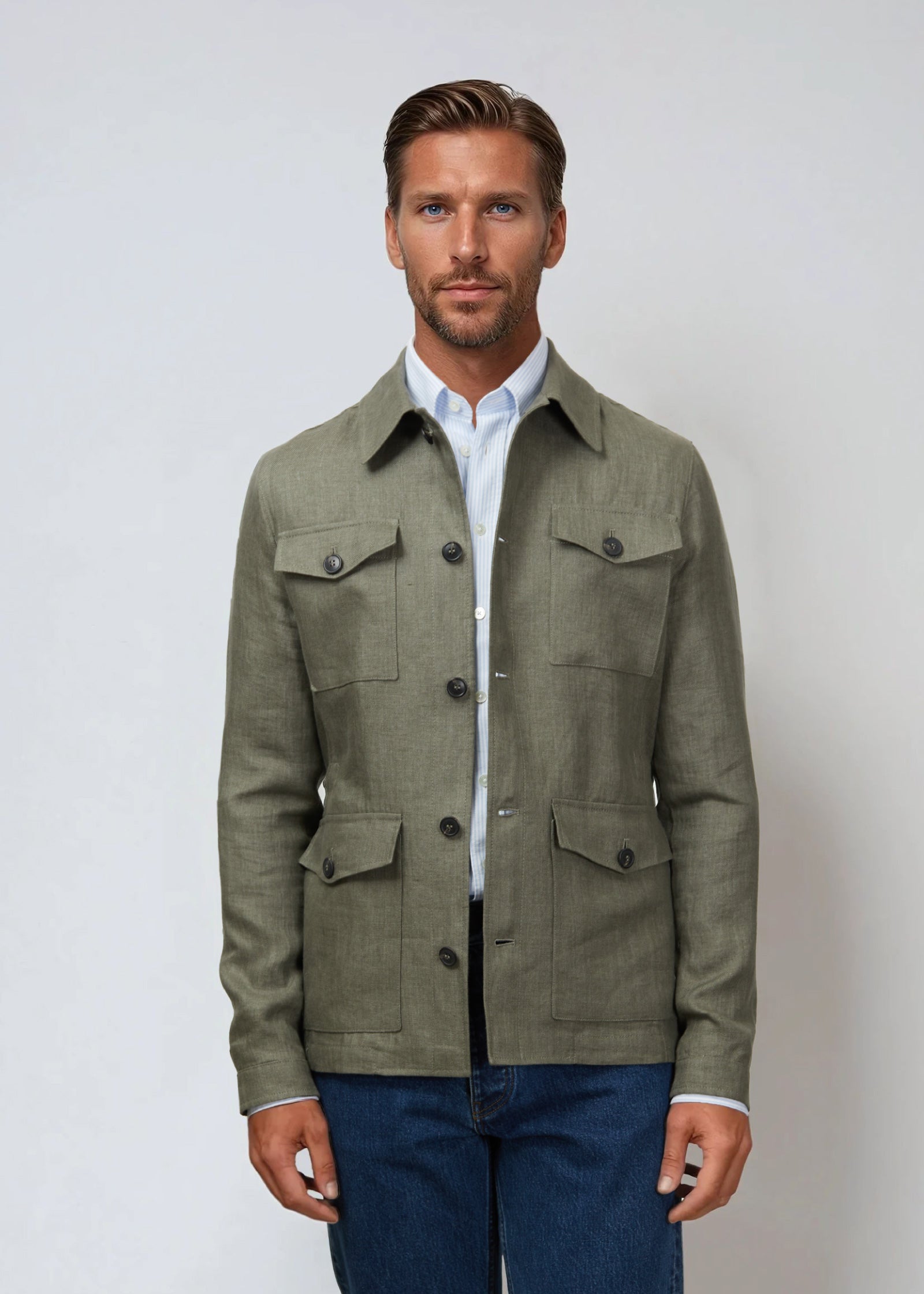 Linen Safari Jacket, Olive Green