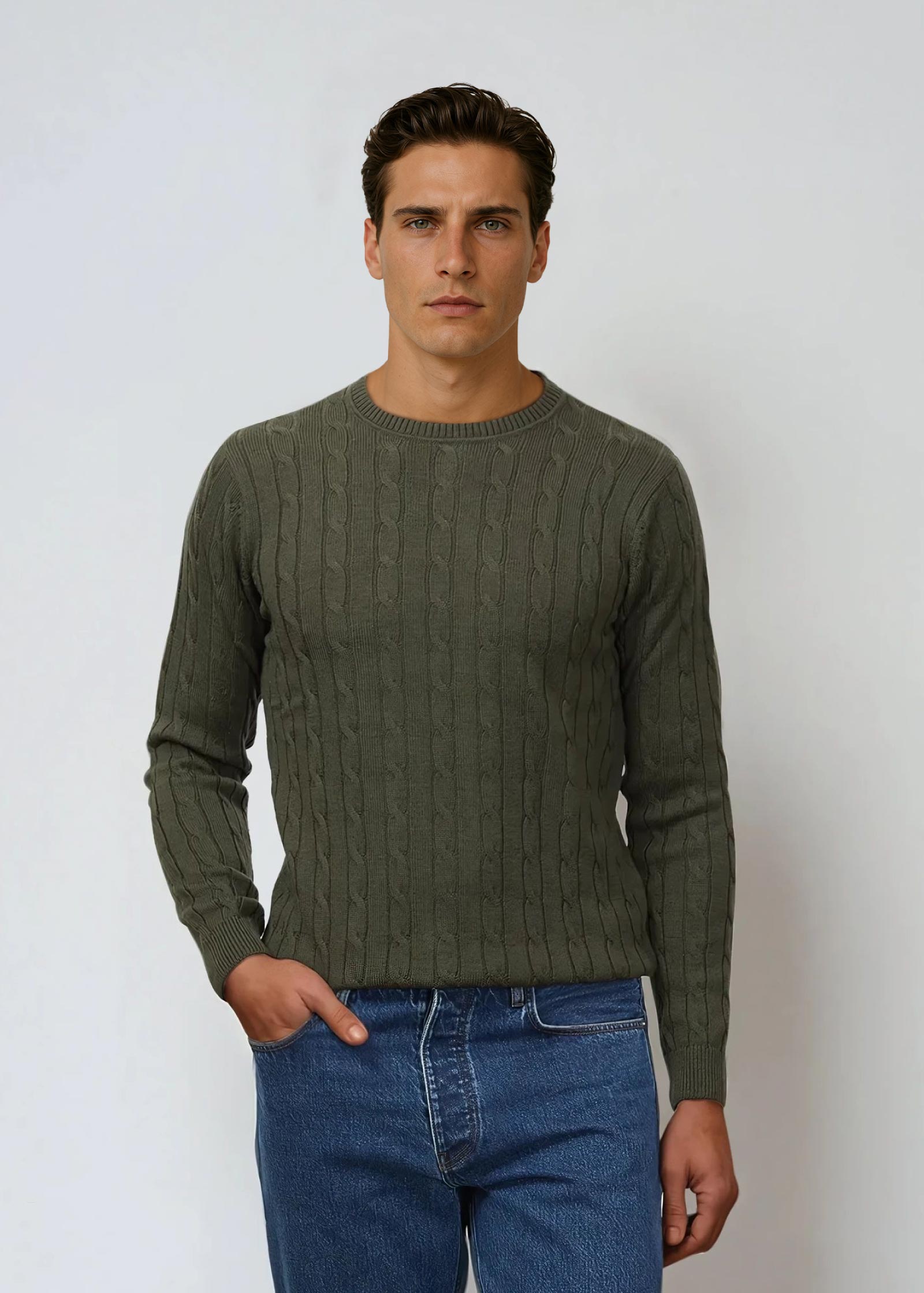 Appearance-An-Ivy-Merino-Cable-Sweater-Troeje-Strik-Striktroeje-Olive-Green-Groen-Kabel-Knit-Uld-Wool