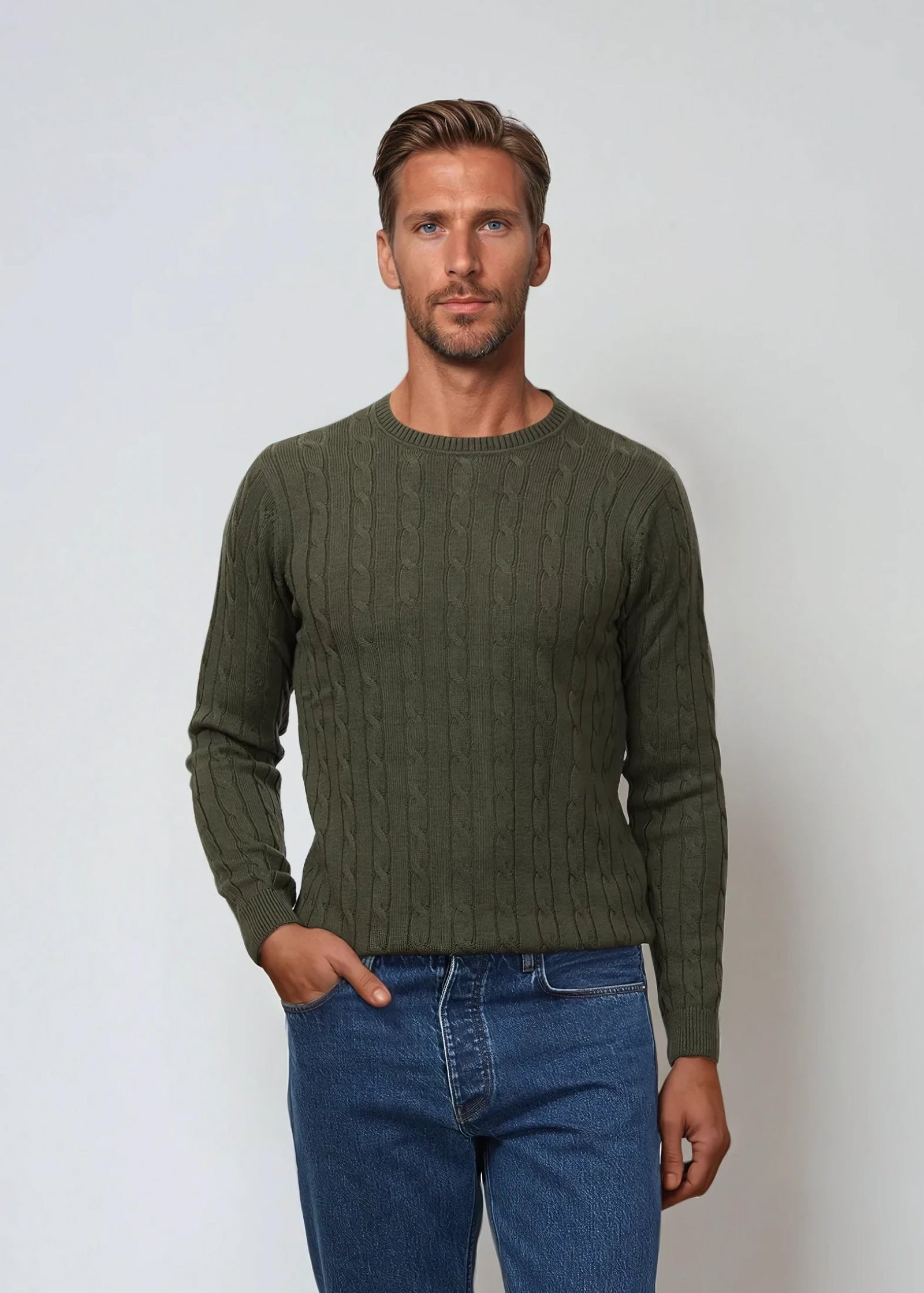 Merino Cable Knit, Olive Green