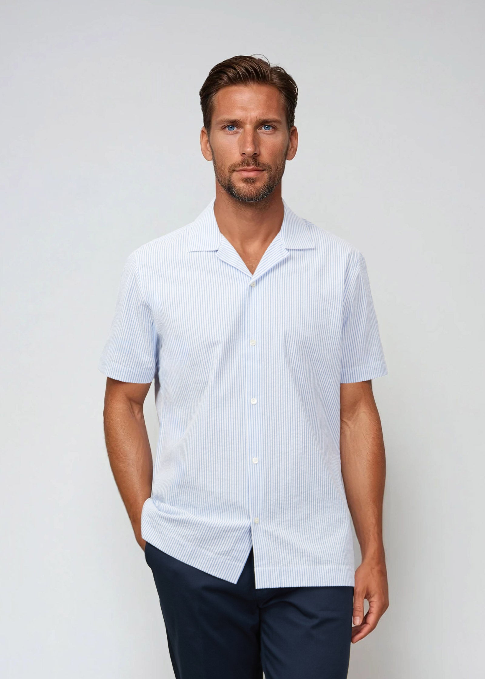 Seersucker Camp Collar Shirt, Brilliant Blue / White