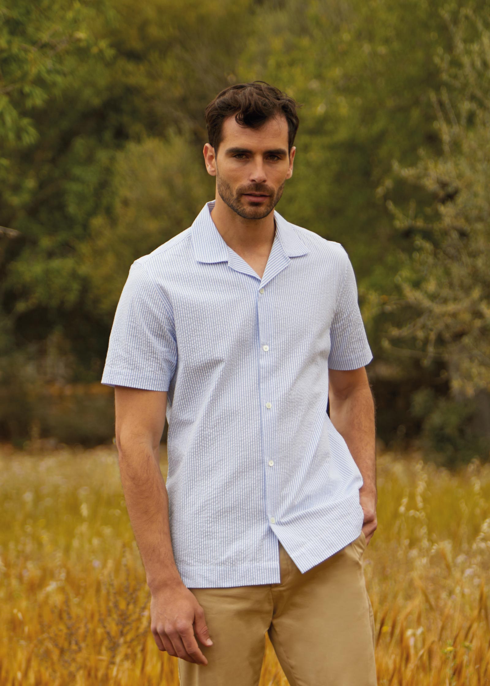 Seersucker Camp Collar Shirt, Brilliant Blue / White