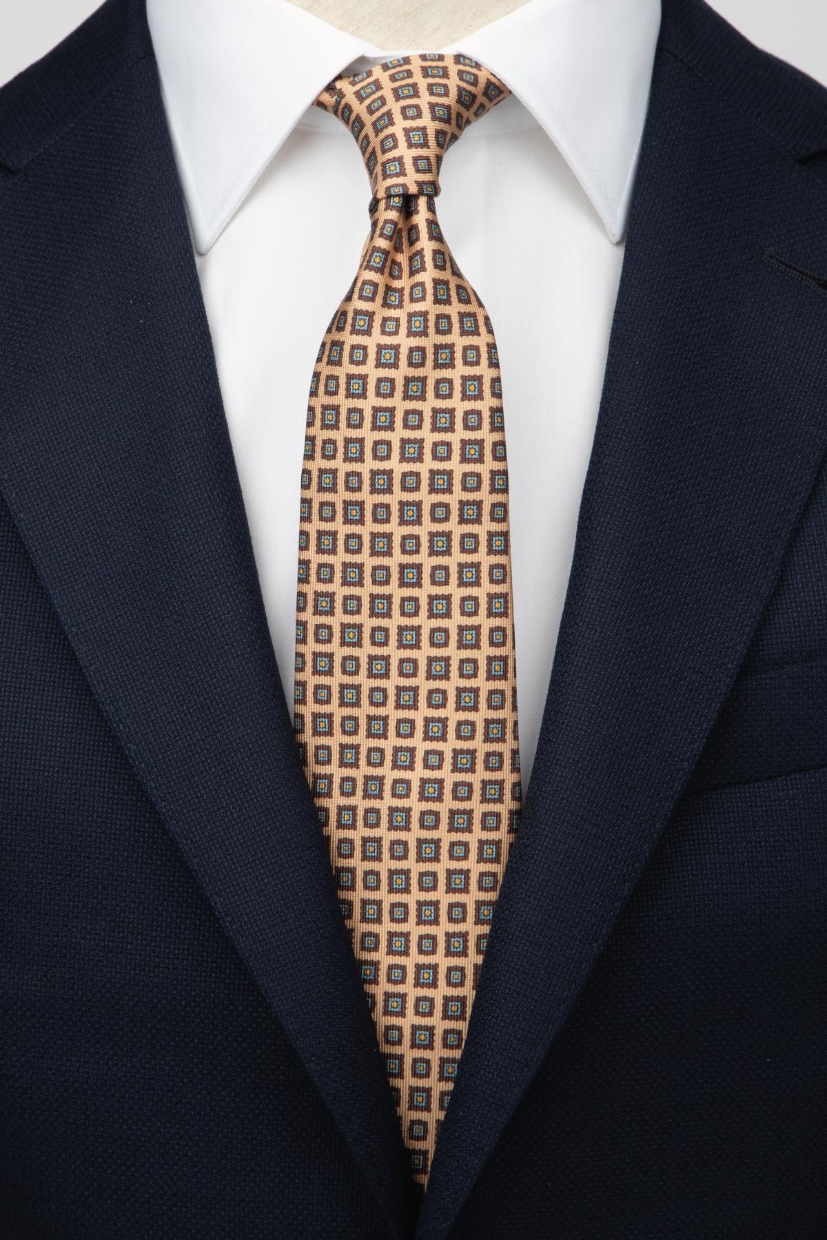 Beige Brown Blue Diamond Silk Tie