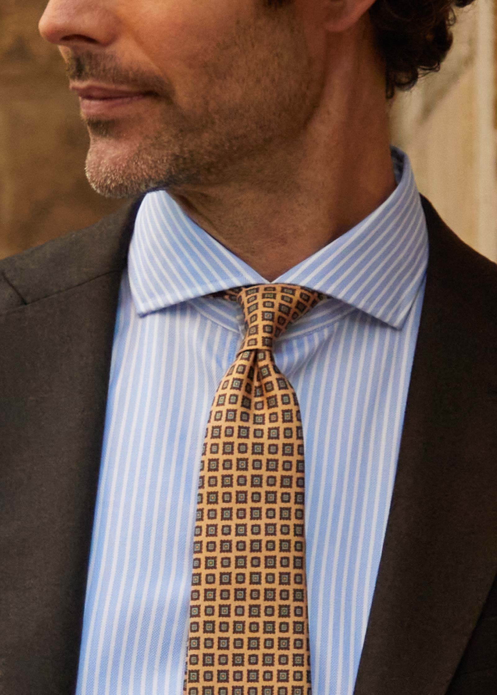 Beige Brown Blue Diamond Silk Tie