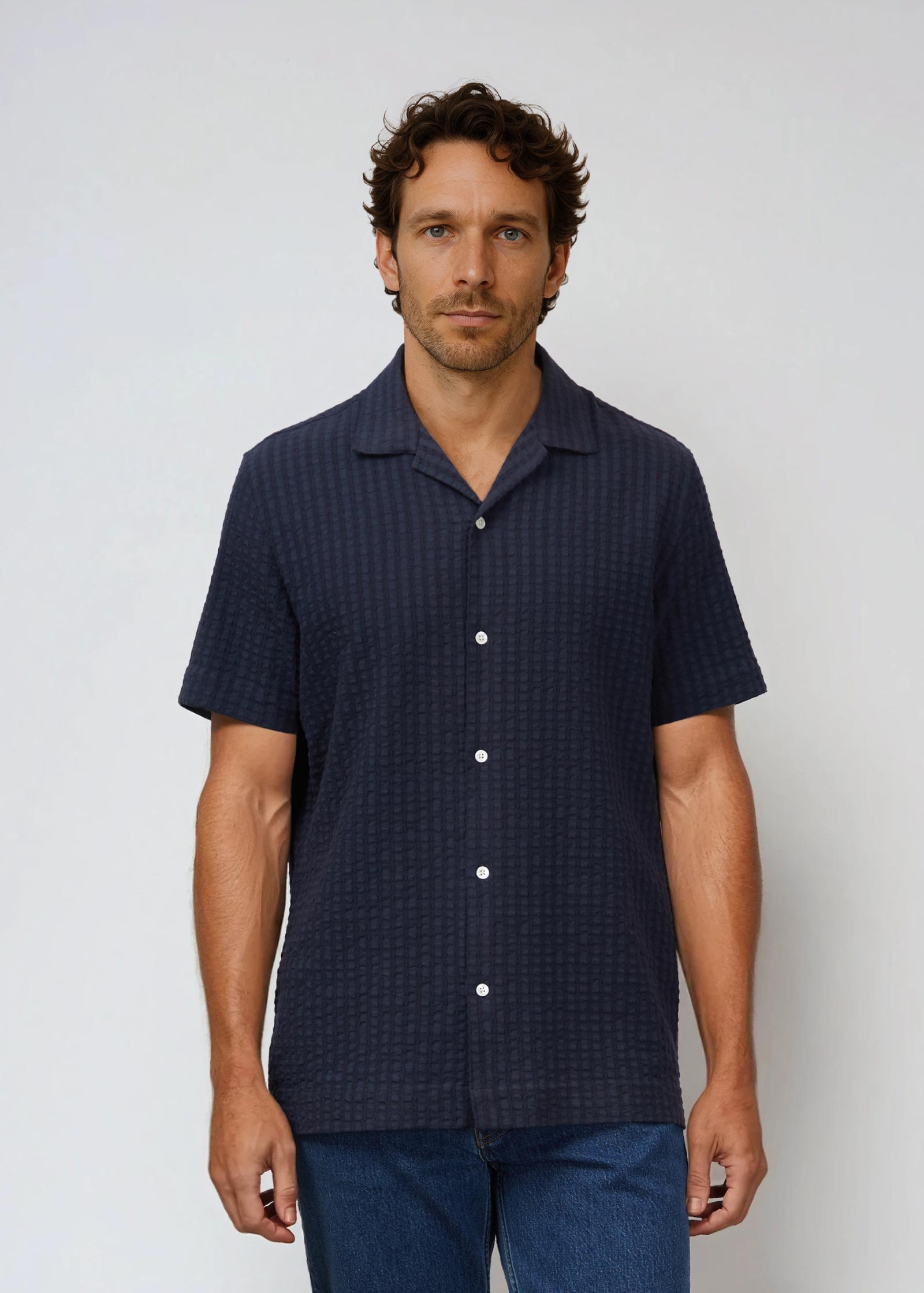 Appearance-An-Ivy-Waffle-Shirt-Skjorte-Camp-Collar-Sommer-Maend-Herre-Men-Blaa-Navy-Moerkeblaa-Dark-Blue-Summer