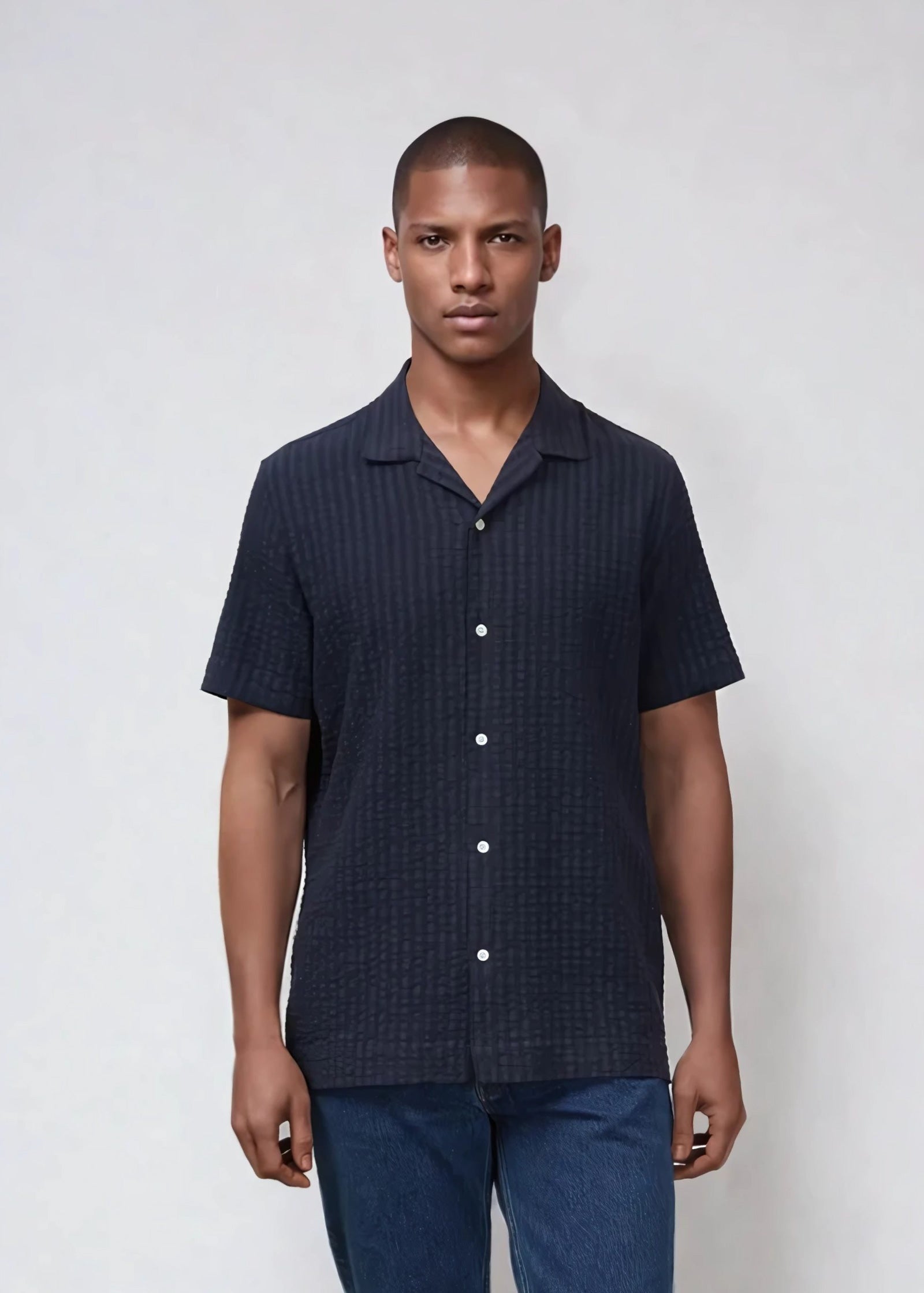 Waffle Camp Collar Shirt, Navy