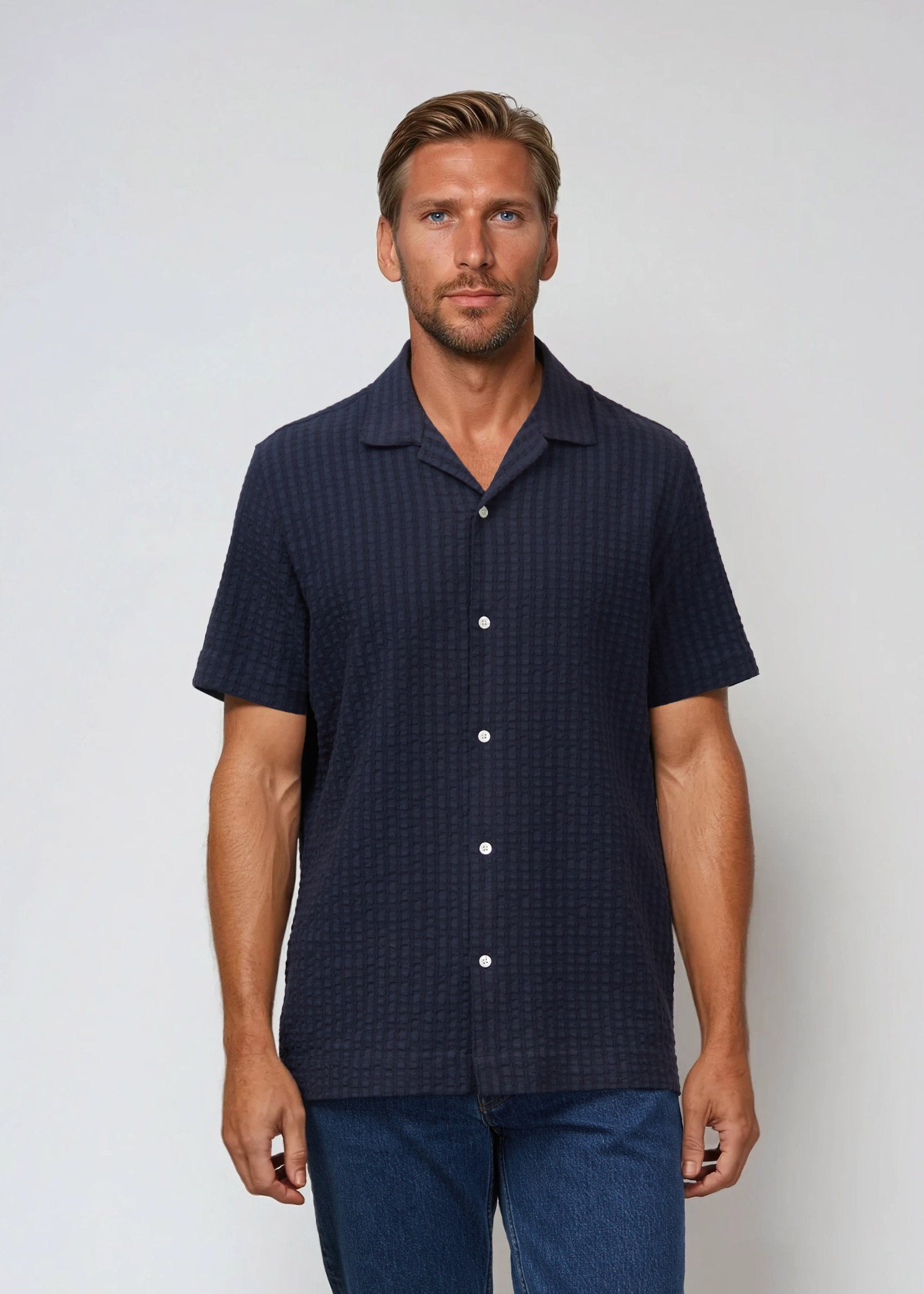 Waffle Camp Collar Shirt, Navy