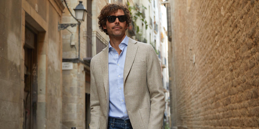 Appearance-An-Ivy-Royal-Oxford-Wide-Blue-White-Stripe-Shirt-Skjorte-Men-Maend-Herre-Blaa-Lyseblaa-Hvid-Stribet-Appearance-Business-Casual-Kontor-Office-Jakke-Blazer-Jeans-Houndstooth